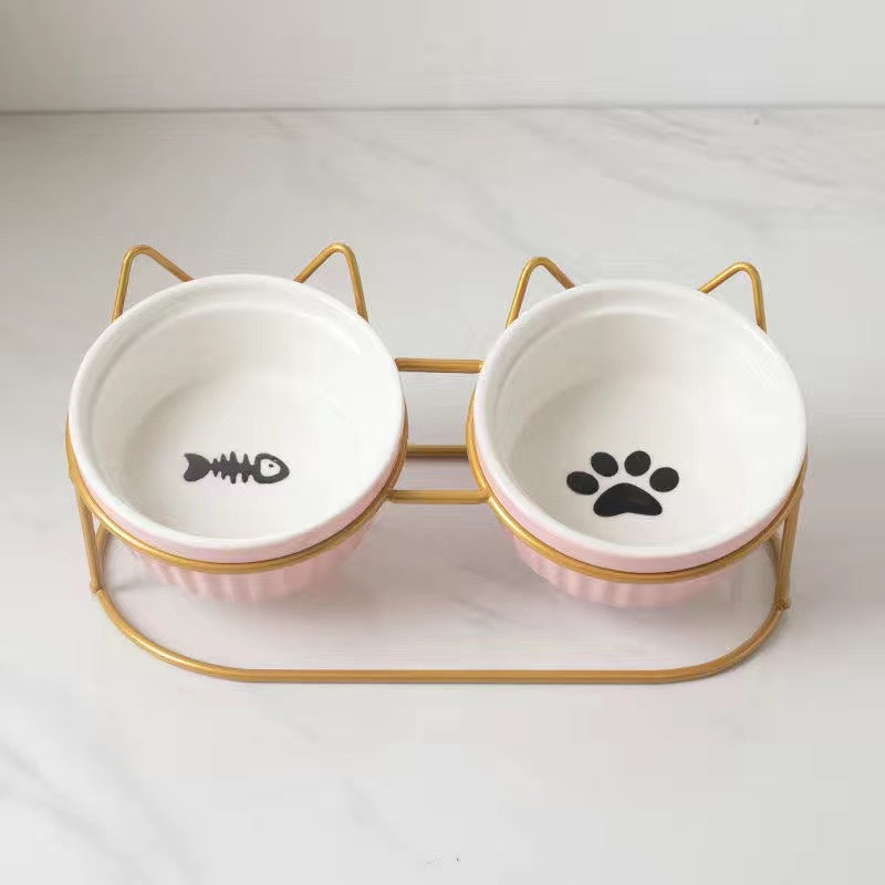 Ceramic Double Pet Bowl Elevated Tilted Feeding And Water Dish