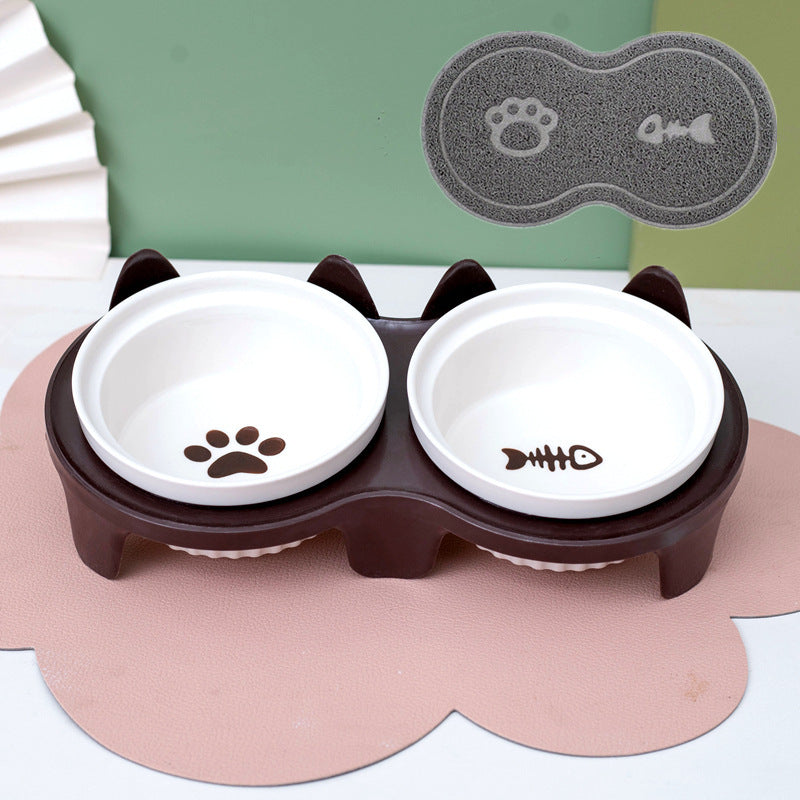 Ceramic Double Pet Bowl Elevated Tilted Feeding And Water Dish
