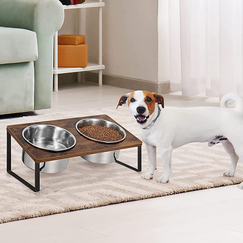 Pet Feeding Rack Iron and Wood Combined Bowl Stand