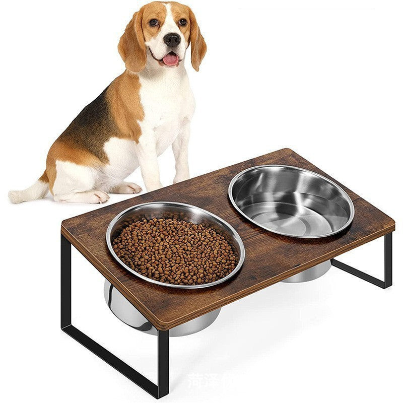 Pet Feeding Rack Iron and Wood Combined Bowl Stand