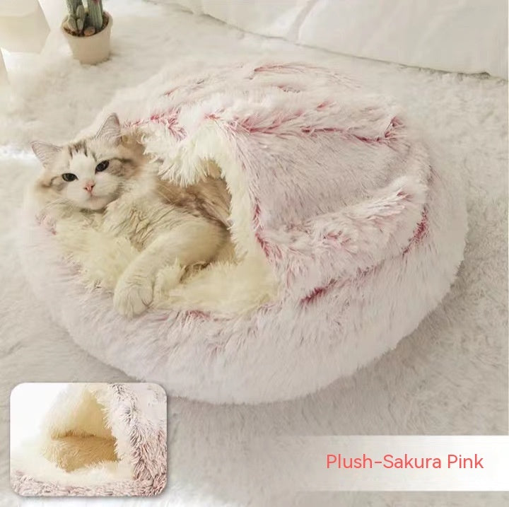 2 In 1 Round Plush Pet Bed Warm Soft Cozy House