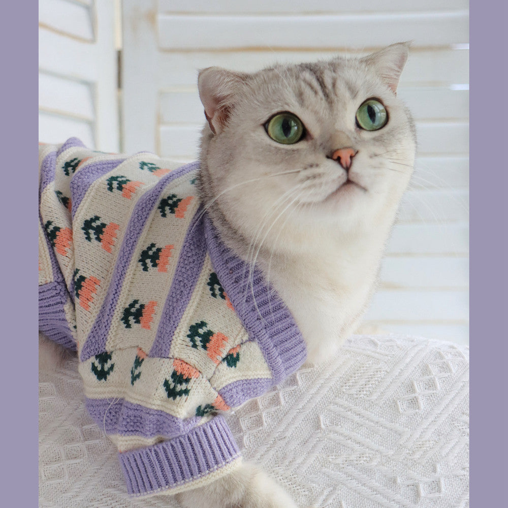 Retro Purple Flower Pet Sweater Autumn Winter Soft Knit Clothing