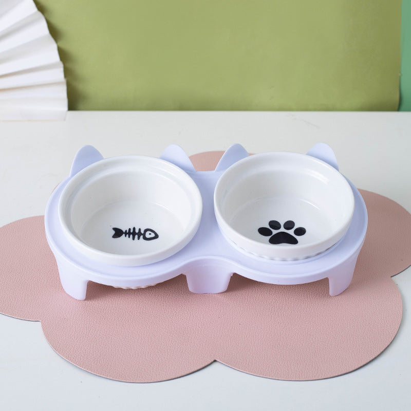 Ceramic Double Pet Bowl Elevated Tilted Feeding And Water Dish