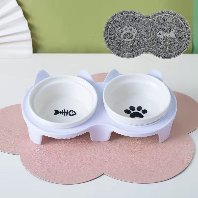 Ceramic Double Pet Bowl Elevated Tilted Feeding And Water Dish