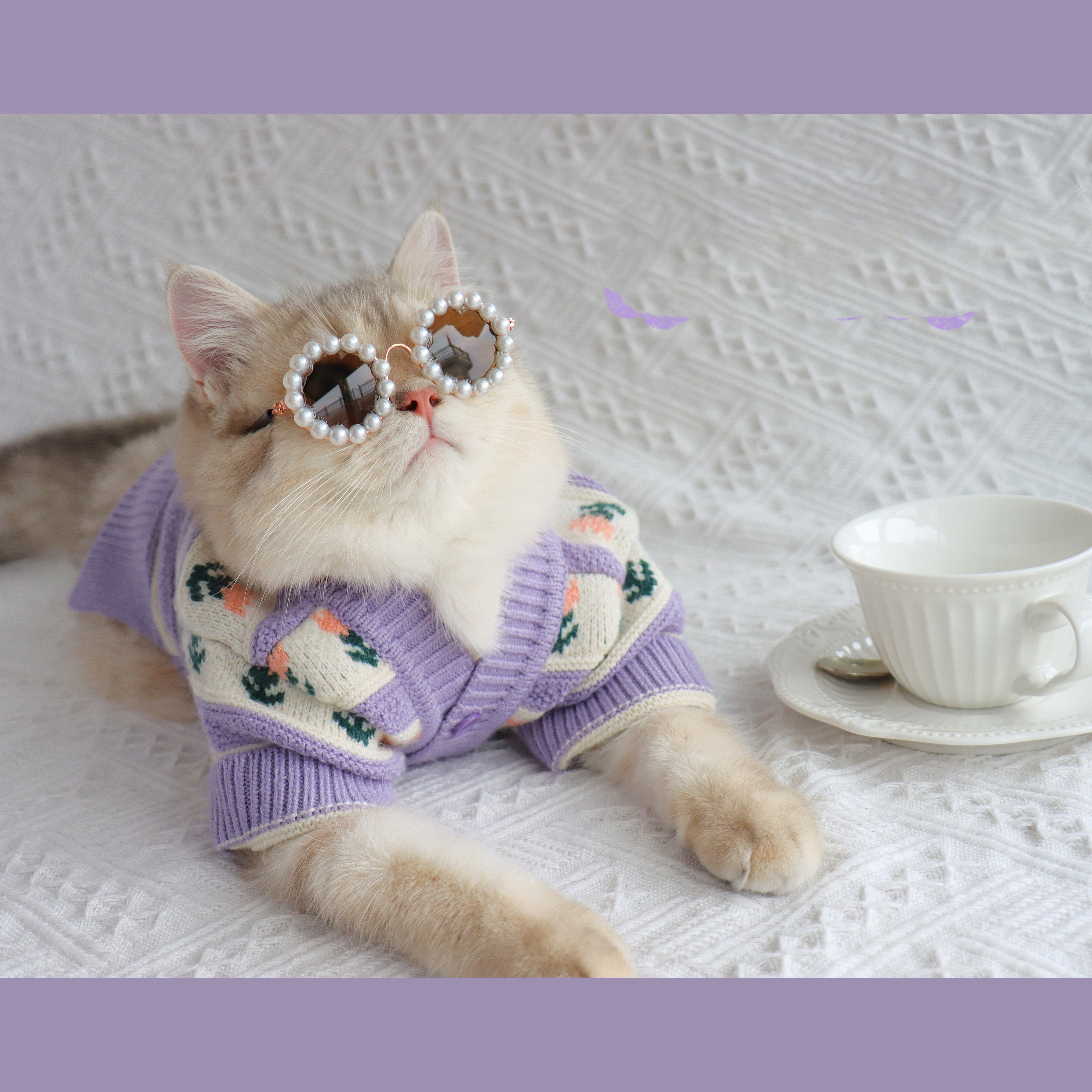 Retro Purple Flower Pet Sweater Autumn Winter Soft Knit Clothing