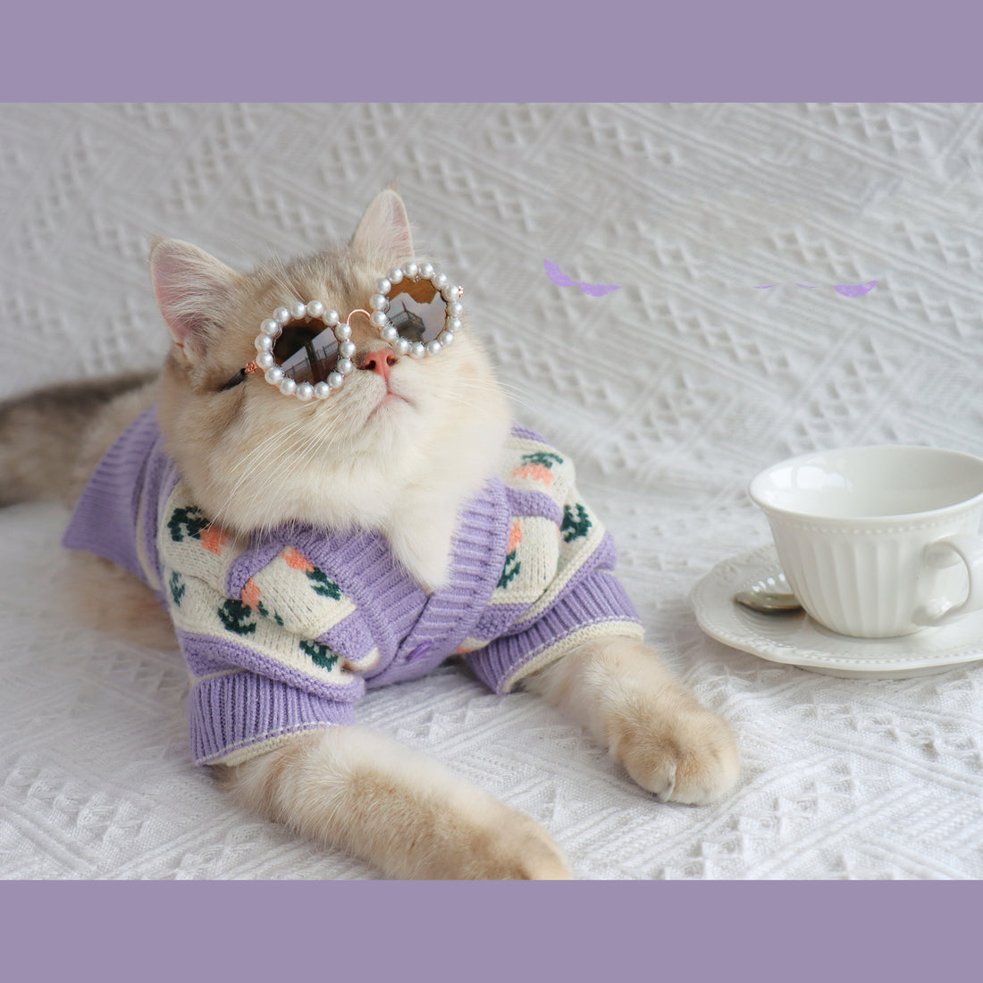 Retro Purple Flower Pet Sweater Autumn Winter Soft Knit Clothing