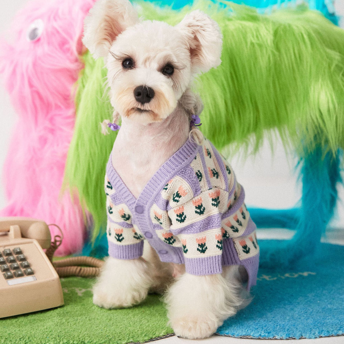 Purple Flower Pet Sweater Cardigan Soft Warm Knit Clothing