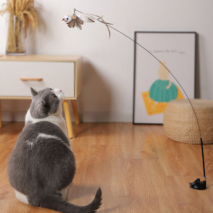 Adjustable Pet Teaser Stick Replaceable Head Steel Wire Feather Toy