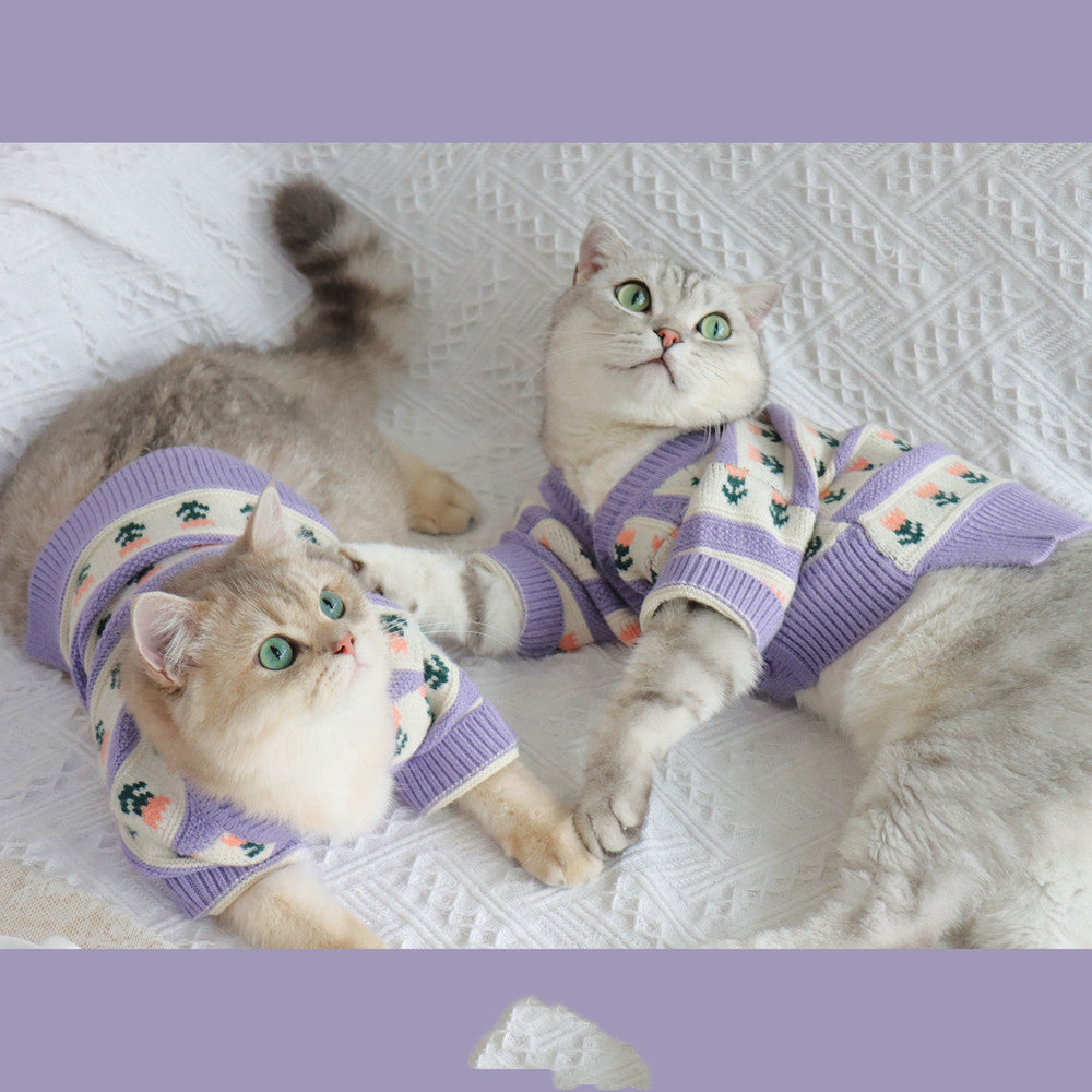 Retro Purple Flower Pet Sweater Autumn Winter Soft Knit Clothing
