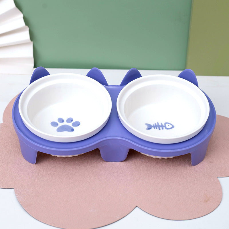 Ceramic Double Pet Bowl Elevated Tilted Feeding And Water Dish
