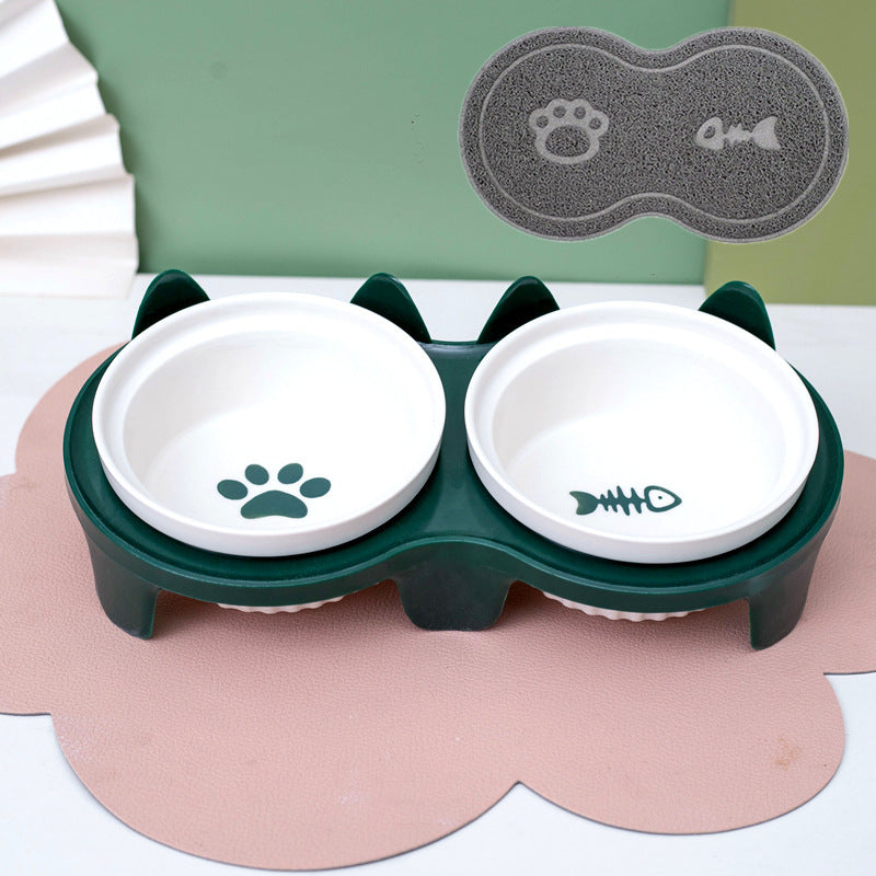 Ceramic Double Pet Bowl Elevated Tilted Feeding And Water Dish