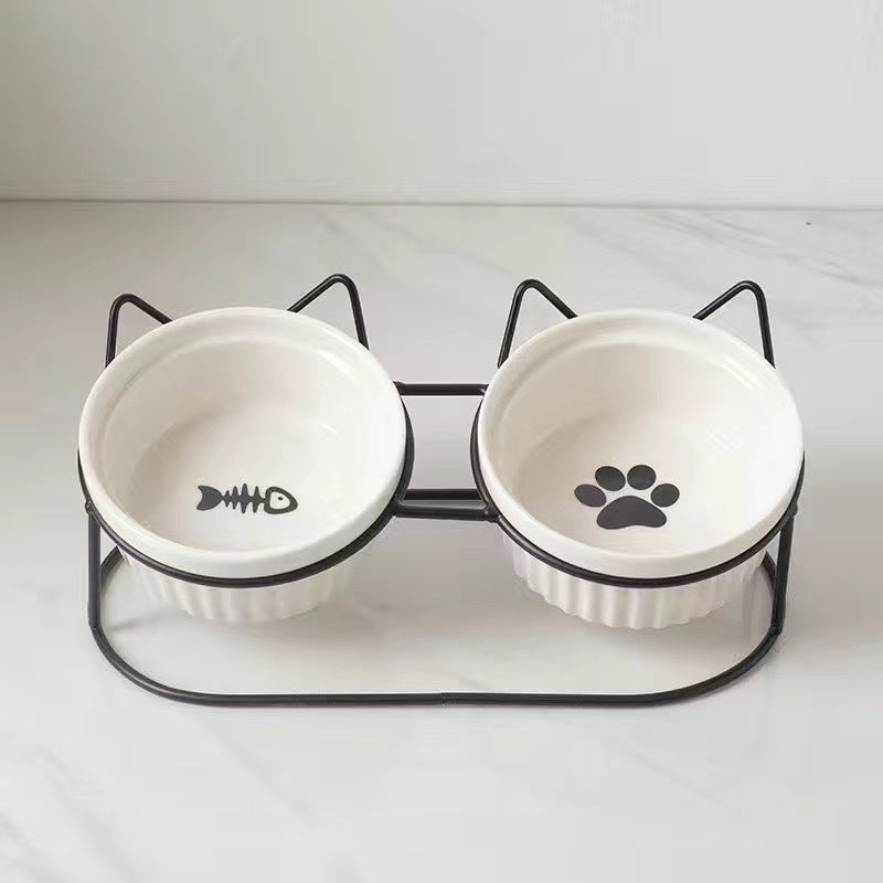 Ceramic Double Pet Bowl Elevated Tilted Feeding And Water Dish