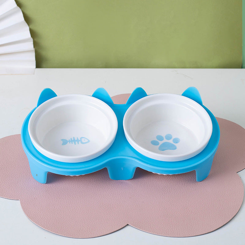 Ceramic Double Pet Bowl Elevated Tilted Feeding And Water Dish
