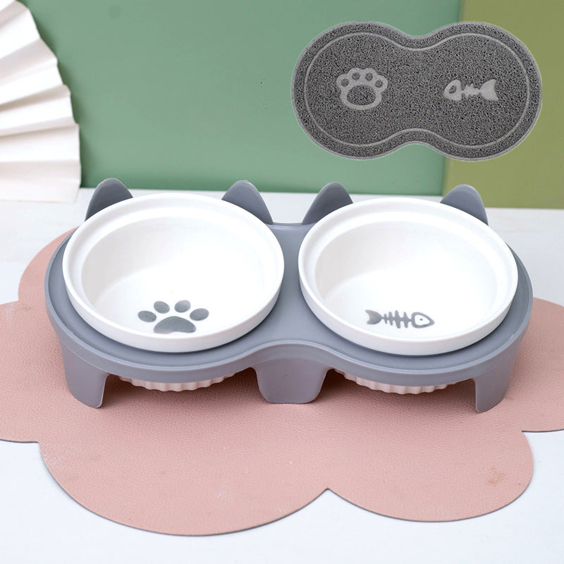 Ceramic Double Pet Bowl Elevated Tilted Feeding And Water Dish
