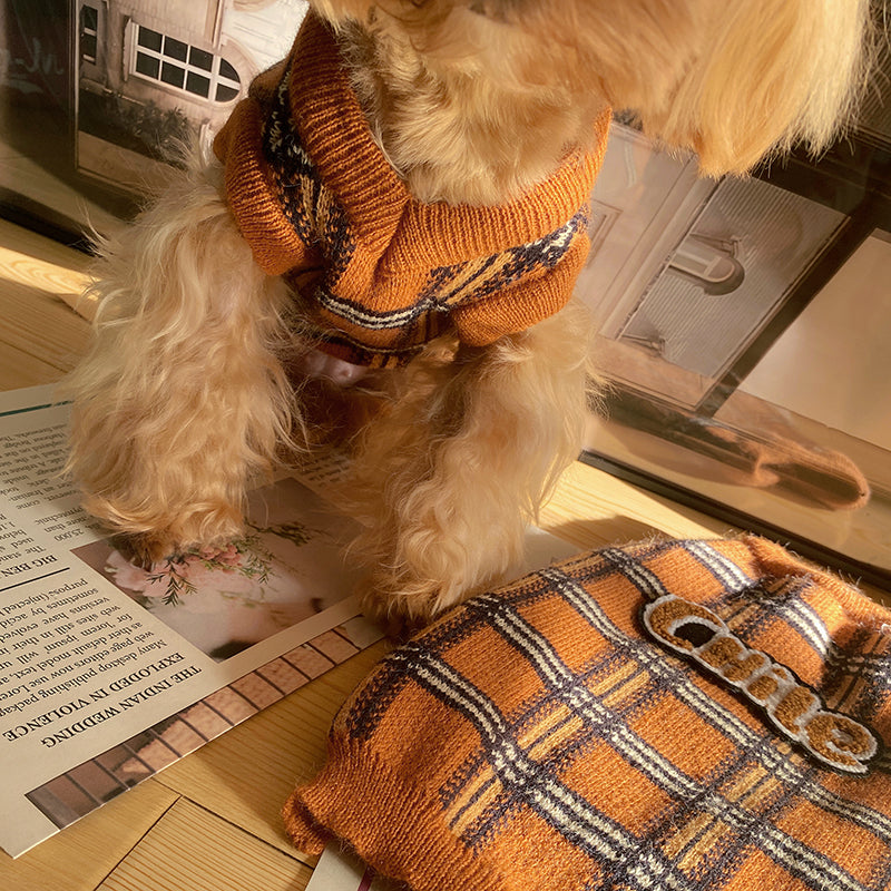 Vintage Plaid Pet Sweater Soft Warm Knit Clothing