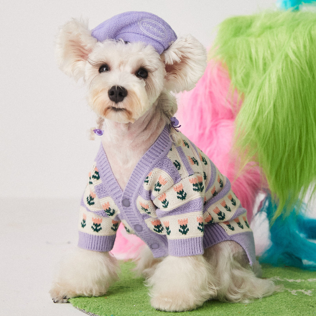 Purple Flower Pet Sweater Cardigan Soft Warm Knit Clothing