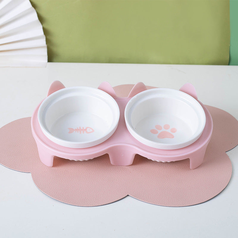 Ceramic Double Pet Bowl Elevated Tilted Feeding And Water Dish