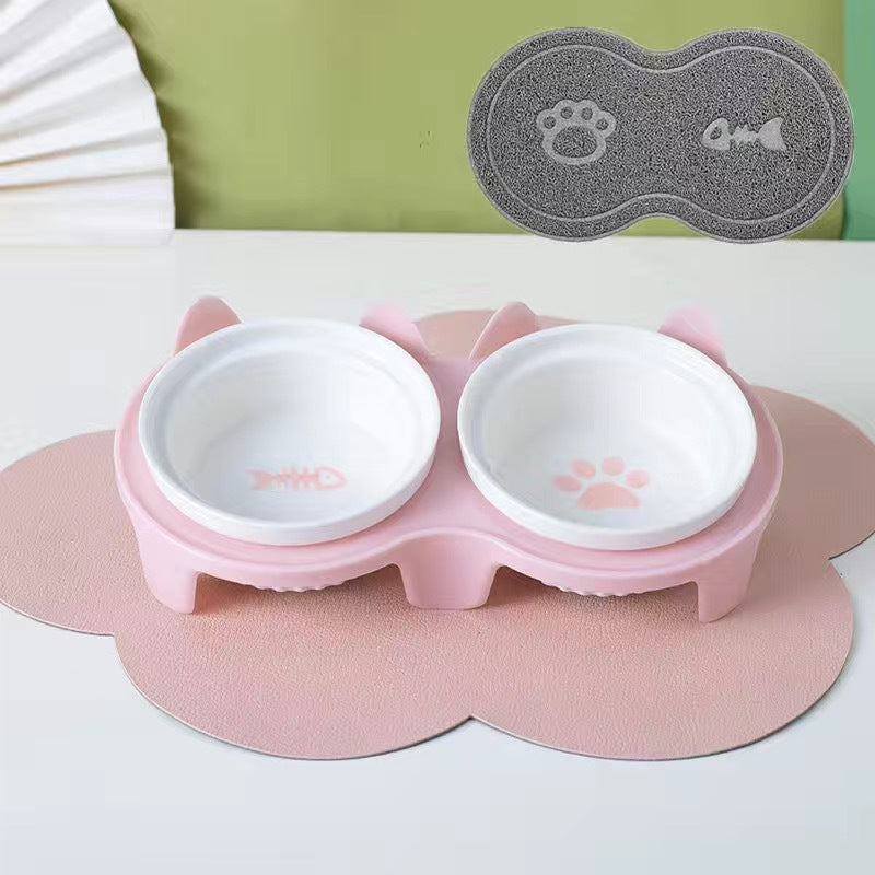 Ceramic Double Pet Bowl Elevated Tilted Feeding And Water Dish
