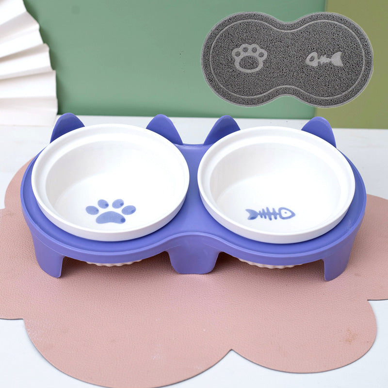 Ceramic Double Pet Bowl Elevated Tilted Feeding And Water Dish
