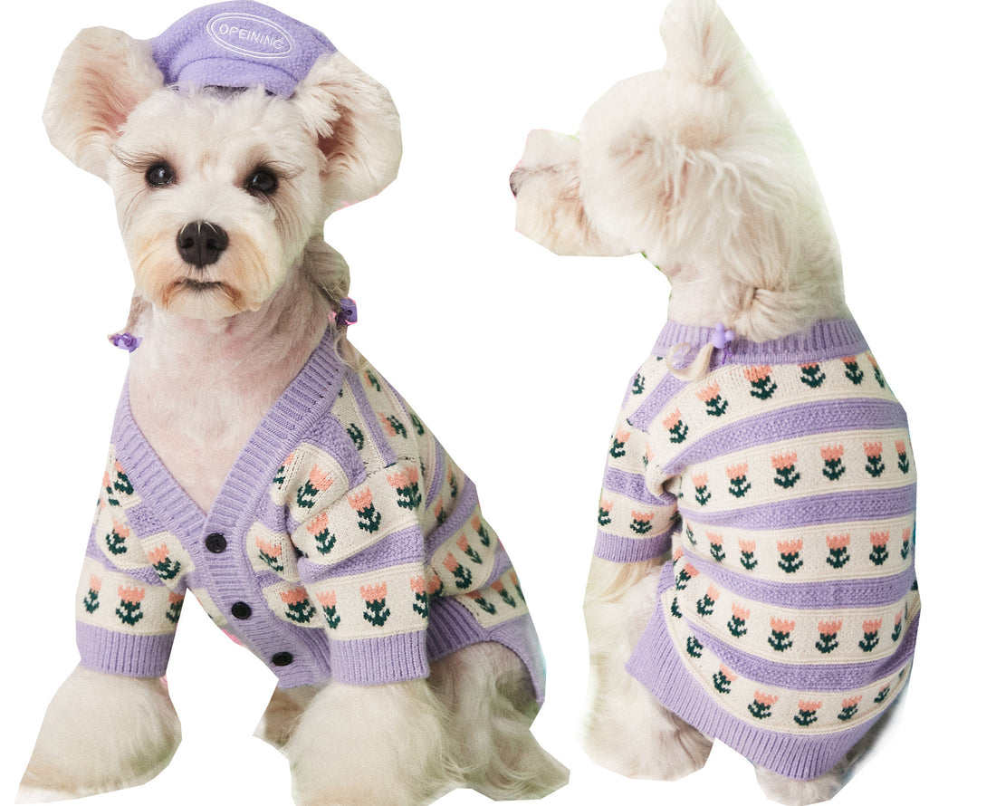 Purple Flower Pet Sweater Cardigan Soft Warm Knit Clothing