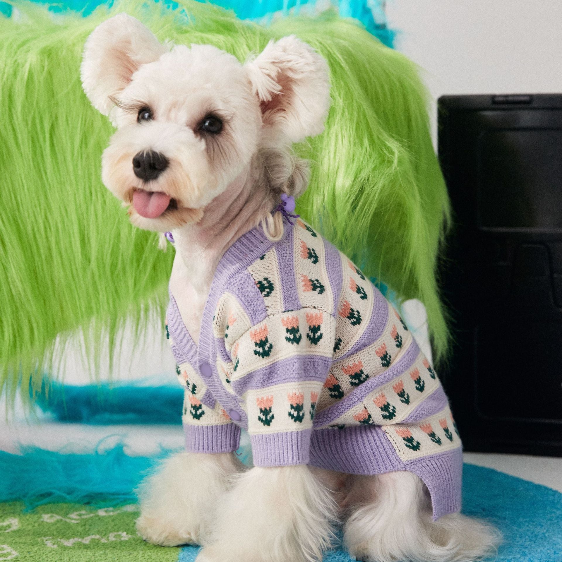 Purple Flower Pet Sweater Cardigan Soft Warm Knit Clothing