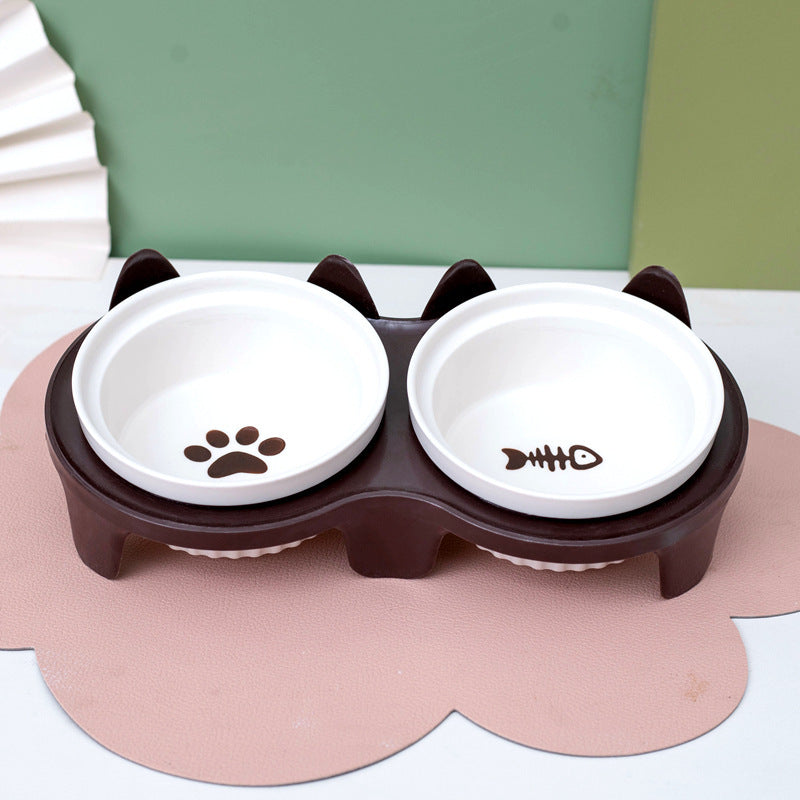 Ceramic Double Pet Bowl Elevated Tilted Feeding And Water Dish