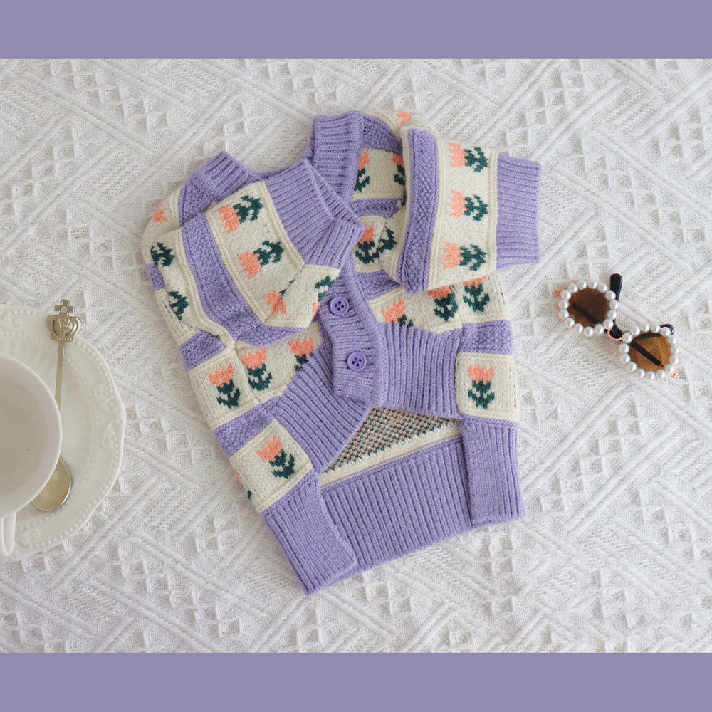 Retro Purple Flower Pet Sweater Autumn Winter Soft Knit Clothing