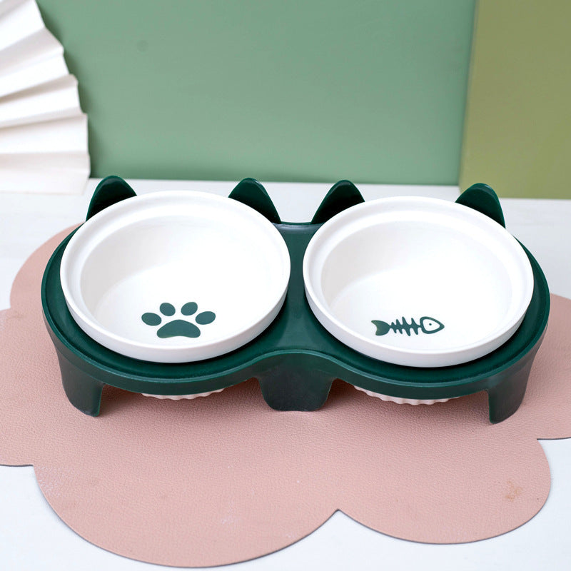 Ceramic Double Pet Bowl Elevated Tilted Feeding And Water Dish