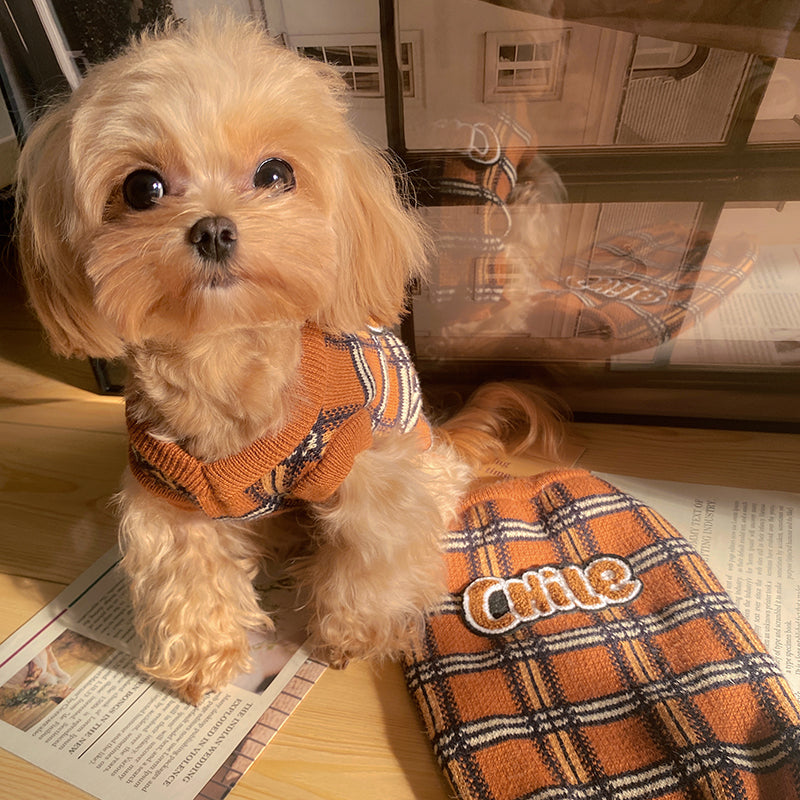 Vintage Plaid Pet Sweater Soft Warm Knit Clothing