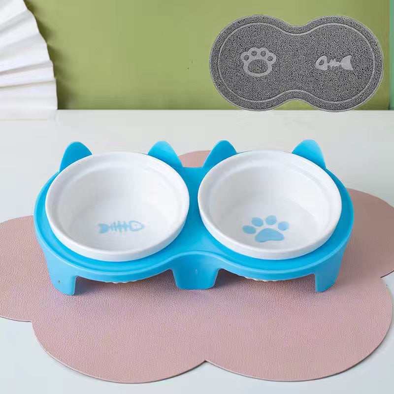 Ceramic Double Pet Bowl Elevated Tilted Feeding And Water Dish