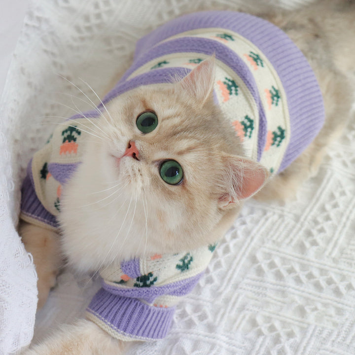 Retro Purple Flower Pet Sweater Autumn Winter Soft Knit Clothing