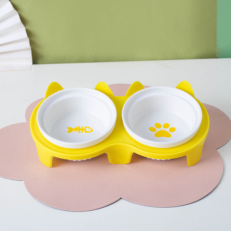 Ceramic Double Pet Bowl Elevated Tilted Feeding And Water Dish