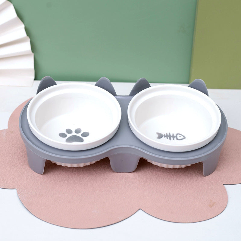 Ceramic Double Pet Bowl Elevated Tilted Feeding And Water Dish