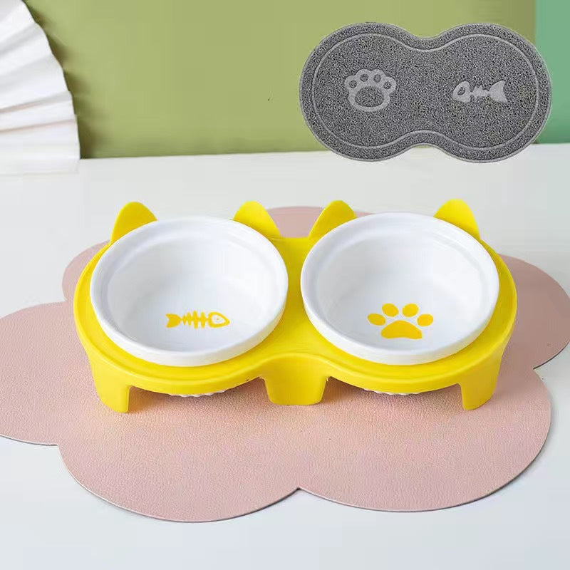 Ceramic Double Pet Bowl Elevated Tilted Feeding And Water Dish