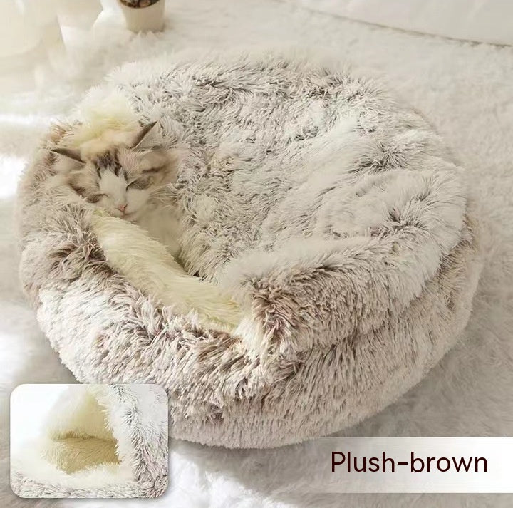 2 In 1 Round Plush Pet Bed Warm Soft Cozy House