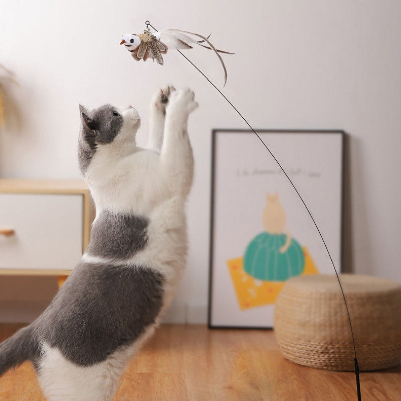 Adjustable Pet Teaser Stick Replaceable Head Steel Wire Feather Toy